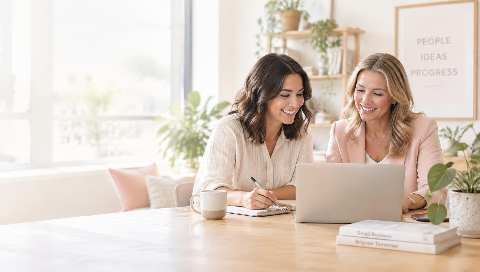 Two people working together at a bright desk