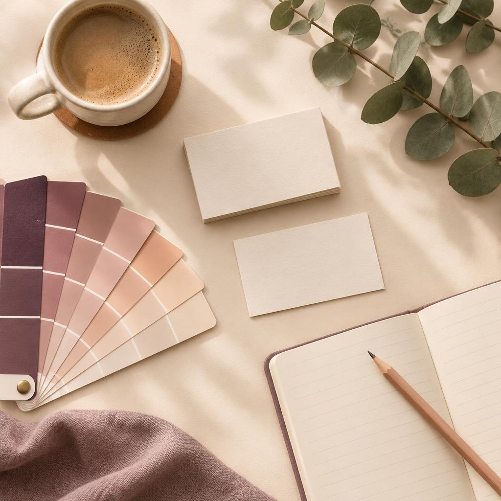 Brand flat lay with color swatches, business cards and a notebook